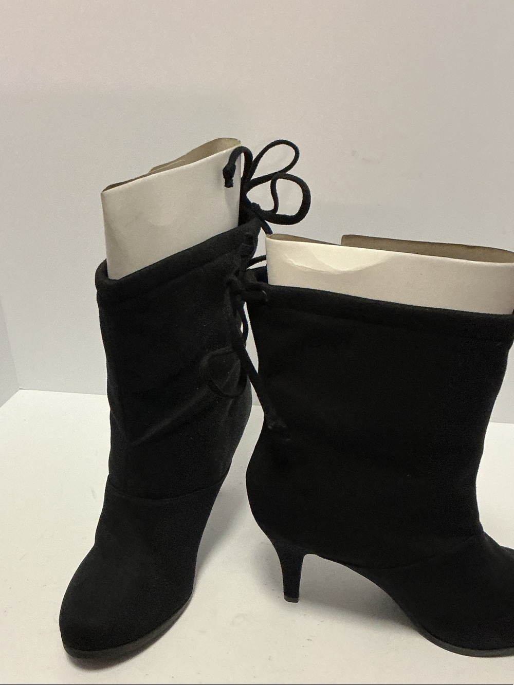 Diba Black Suede Mid-Calf Heel Boots with Back Lace Detail